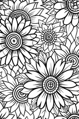 A black and white floral pattern designed for coloring, offering a relaxing and artistic activity