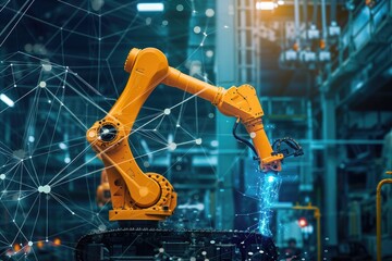 A robotic arm is seen diligently working on a piece of machinery, efficiently carrying out its programmed task, Predictive maintenance of construction machinery through AI technology, AI Generated - obrazy, fototapety, plakaty