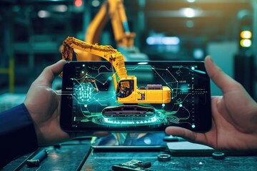 A person firmly holds a cell phone displaying a small robot on its screen, Predictive maintenance of construction machinery through AI technology, AI Generated