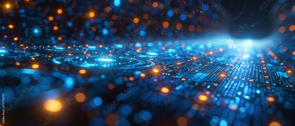Aufkleber image of a blue background with technology symbols on a digital background