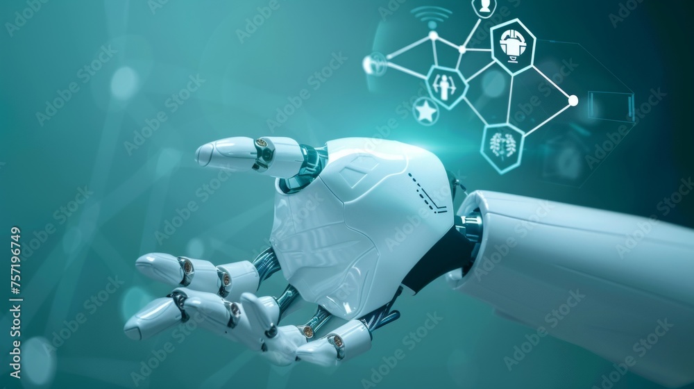 Leinwandbilder Robot hand AI artificial intelligence assistance for medical healthcare practices operation surgical performance, with graphical icon display blue banner background in unity with human and AI concept.