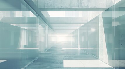 Abstract futuristic glass architecture with an empty concrete floor in a 3D rendering.