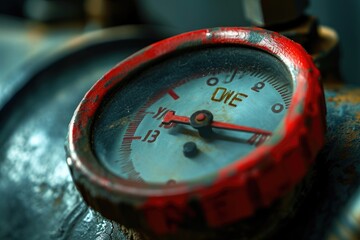 Close Up of a Pressure Gauge on a Pipe, Pressure gauge with the needle in the red zone, labeled as 'Inflation', AI Generated - obrazy, fototapety, plakaty