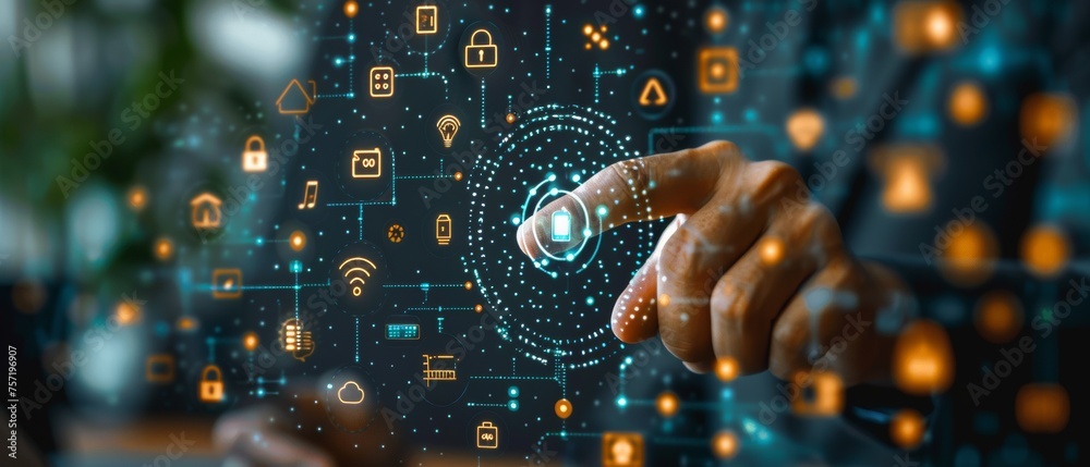 Poster Concept of Internet of Things (IoT). Businessman presses IoT symbol connected with common IoT icons. Intelligent house, car, camera, watch, washing machine.