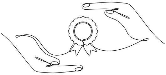 Hands hold award badge continuous one line drawing. Vector illustration isolated on white background.