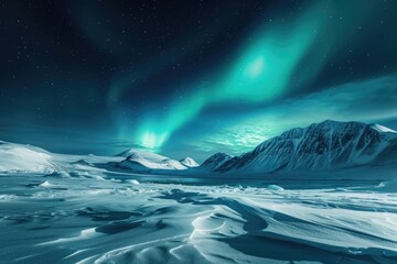 A stunning natural phenomenon of a vibrant green aurora borealis illuminating the night sky above a majestic snowy mountain range, Pristine snowy landscape under the northern lights, AI Generated