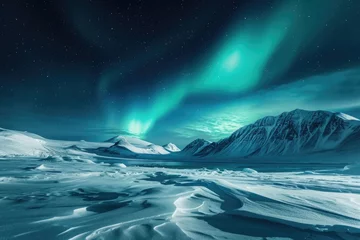 Outdoor kussens A stunning natural phenomenon of a vibrant green aurora borealis illuminating the night sky above a majestic snowy mountain range, Pristine snowy landscape under the northern lights, AI Generated © Ifti Digital