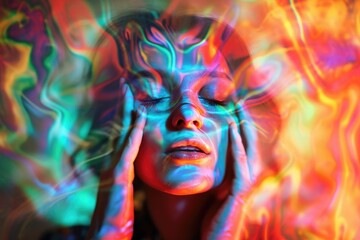 A female person with her hands touching her face, displaying emotions or distress, Pschyedelic representation of a migraine, AI Generated