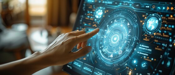 A circular futuristic interface with a virtual screen for smart home automation assistants and a user touching buttons - obrazy, fototapety, plakaty
