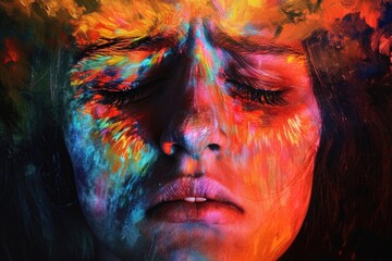 A womans face is completely covered in vibrant and diverse colors of paint, creating a bold and artistic statement, Pschyedelic representation of a migraine, AI Generated