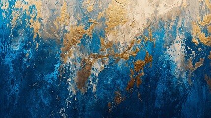 Retro, nostalgic, golden brushstrokes on textured background. Oil on canvas. Modern Art. Foliage, blue, grey, wallpaper, poster, card, rug, hanging, print.