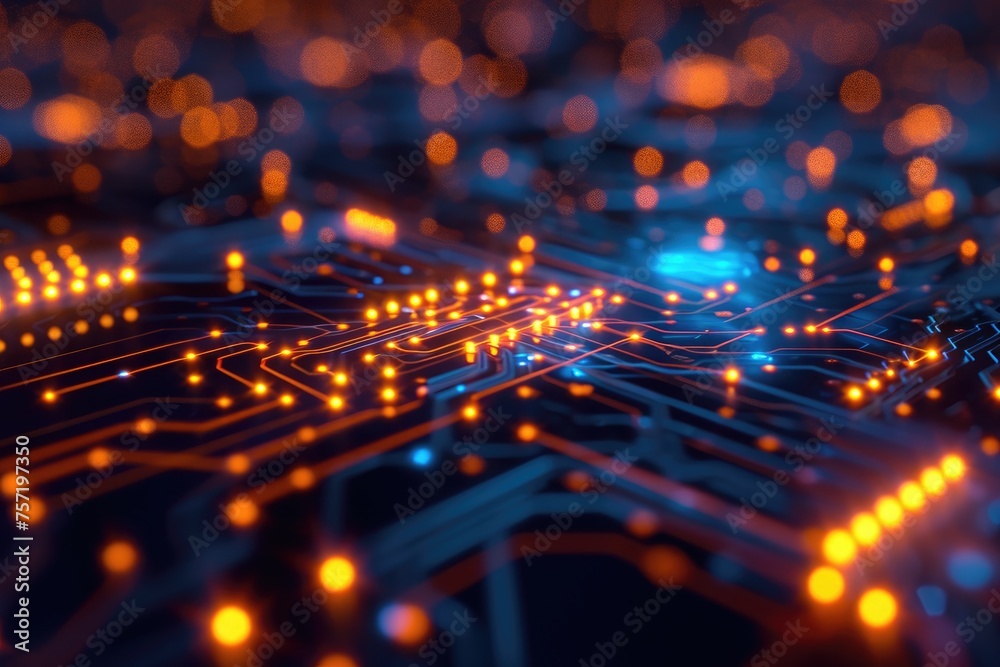 Poster a detailed image showcasing the intricate patterns and components of a computer circuit board, quant