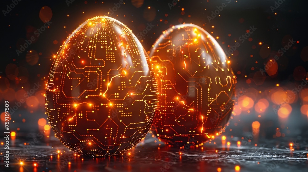 Poster Intech digital style cracked egg with circuit board pattern. Set of whole and broken eggs. Light effect modern illustration.