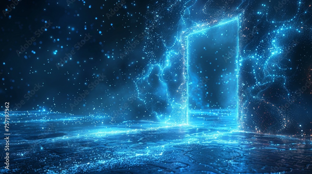Poster the open door is at the end of a path on a futuristic science fiction concept doorway. the door is d