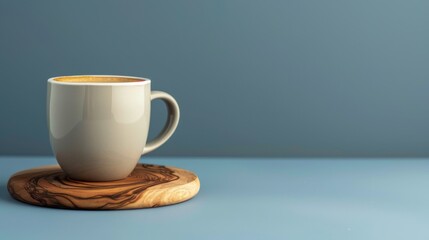 Steaming cup of coffee perched on a charming wooden coaster