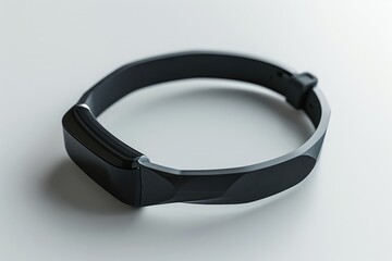 A detailed view of a black bracelet placed on a clean white surface, showcasing its intricate design and contrasting colors, Real-time health tracking wearable device, AI Generated