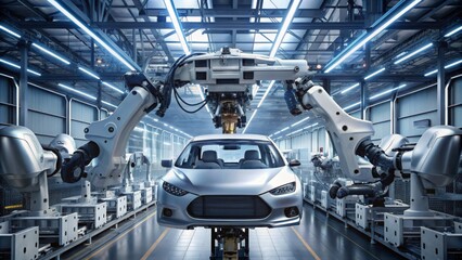 Robotic arms assembling car in modern factory - Advanced robotics work systematically to assemble a new car showcasing the future of automobile industry - obrazy, fototapety, plakaty