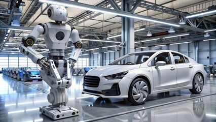 Humanoid robot next to car in automobile plant - A humanoid robot standing beside a white modern car in an automotive manufacturing plant symbolizes AI's role - obrazy, fototapety, plakaty