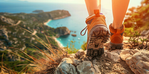 personne faisant une randonnée avec des chaussures de marche en bord de mer sur un sentier littoral - Powered by Adobe