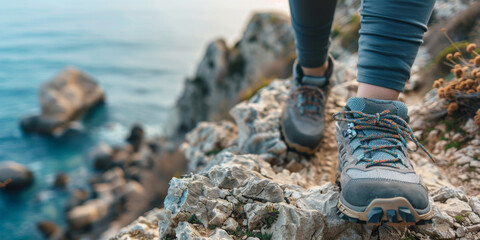 personne faisant une randonnée avec des chaussures de marche en bord de mer sur un sentier littoral - obrazy, fototapety, plakaty