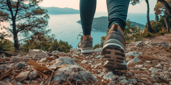 personne faisant une randonn&eacute;e avec des chaussures de marche en bord de mer sur un sentier littoral