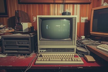 An image of an old computer placed on top of a wooden desk, Retro image of an old computer setup,...