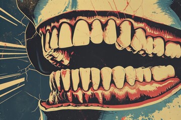 This close-up photograph showcases a poster displaying a detailed depiction of a mouth with teeth, Retro stylized depiction of dental injury, AI Generated - obrazy, fototapety, plakaty