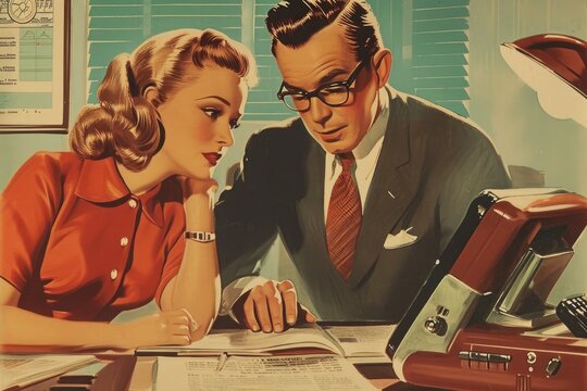 A man and a woman are attentively looking at a piece of paper, engaging in a focused discussion, Retro-style poster advertising a 1950s accounting firm, AI Generated