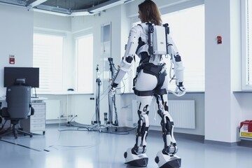A woman stands in a room wearing a technologically advanced robot suit, Robotic exoskeleton helping a paralyzed person to walk, AI Generated - obrazy, fototapety, plakaty