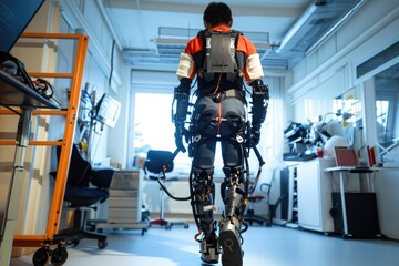 A man standing in a room with a robot strapped to his back, Robotic exoskeleton helping a paralyzed person to walk, AI Generated