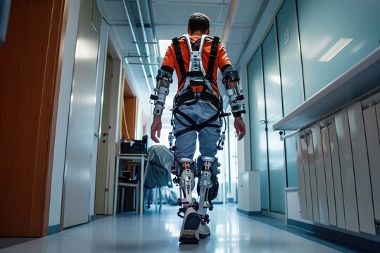 An elderly man using a walker makes his way down a hallway, Robotic exoskeleton helping a paralyzed person to walk, AI Generated