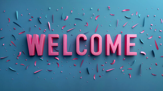 Pink Welcome text with Confetti on Blue Backdrop, Message