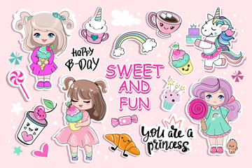 Fototapeta premium Kawaii set with beautiful little cartoon girls and sweets with eyes. Ice cream with unicorn faces, cupcake, cup of coffee, Vector illustration anime style