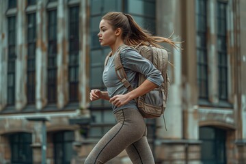 Close up Girl dressed in a grey running kit with backpack, rucking, running through the city street. Healthy life style, weighted backpack walking, trendy sport outdoor