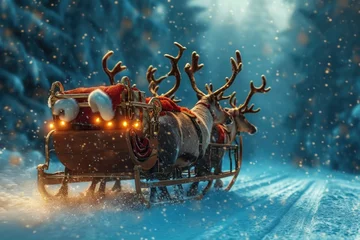 Fotobehang A Santa Claus sleigh with reindeer riding through the snowy landscape, Rudolph the red-nosed reindeer leading Santa's sleigh, AI Generated © Ifti Digital