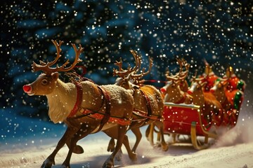 A group of reindeers exerting strength as they pull a sleigh through a snowy landscape, Rudolph the...