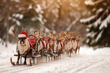 Several reindeers are harnessed together as they pull a sleigh through a snowy landscape, Rudolph the red-nosed reindeer leading Santa's sleigh, AI Generated - obrazy, fototapety, plakaty