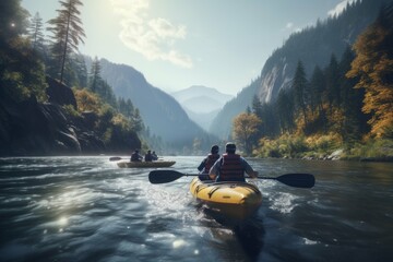 People having a kayaking adventure on a river