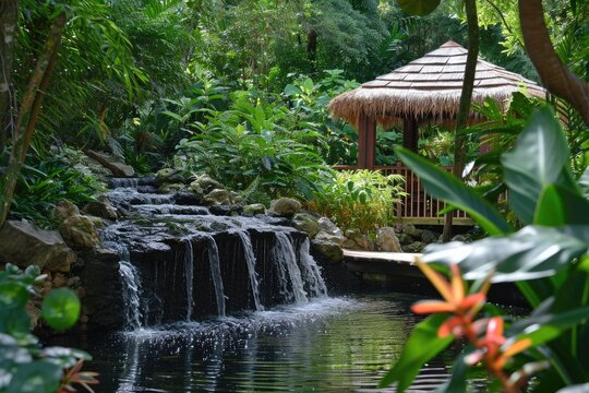A photo showcasing a small waterfall surrounded by lush tropical vegetation in the midst of a vibrant garden, Serene scenes from a wellness retreat, AI Generated
