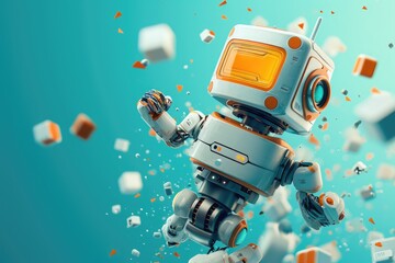 A robot deftly navigates through the air while surrounded by a cluster of cubes, Showcase of digital marketing automation tools in an innovative way, AI Generated