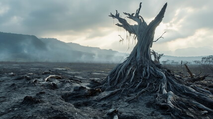 Devastated scorched earth in the valley, burnt trees, burnt vegetation and grass. Dead landscape with the remains of large tree, intense atmosphere, burned charred fire - obrazy, fototapety, plakaty