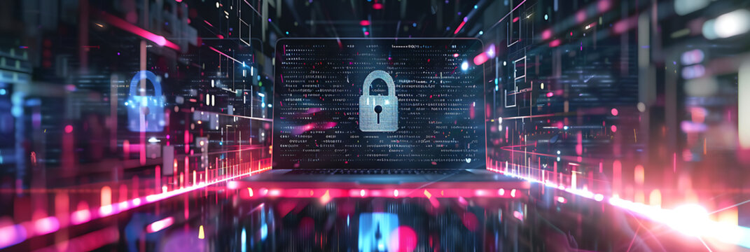 A laptop enveloped in swirling digital code, with a glowing virtual padlock symbolizing data privacy and cybersecurity.