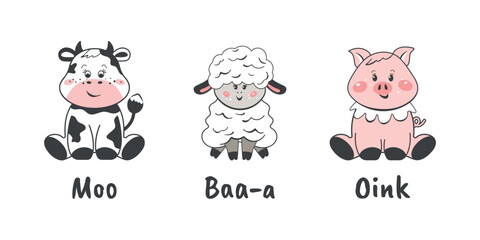 Obraz premium Funny little animals. Cow, sheep, pig. Vector design on a white background.