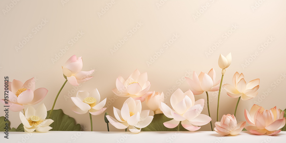 Wall mural beautiful lotus flowers isolated on solid pastel background, floral spa or zen layout, copy space