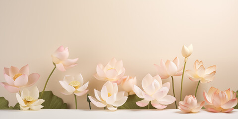 Beautiful lotus flowers isolated on solid pastel background, floral spa or zen layout, copy space