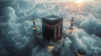 muslims community holy place of worship khaana kaaba in clouds illustration, ai generated