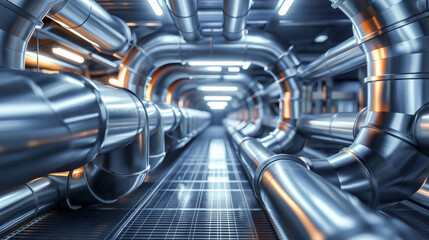 Futuristic Industrial Pipeline Corridor Inside a Modern Facility
