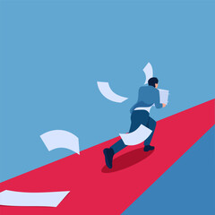 A man runs with a pile of papers flying, an illustration of hard work.