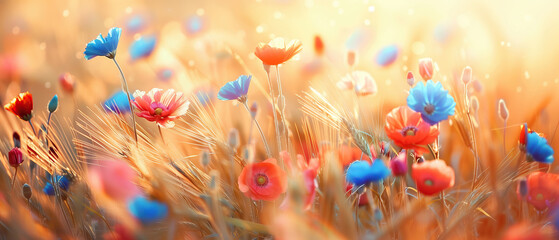 Fototapeta premium Sun-kissed symphony: a blooming meadow. A vibrant field of flowers in full bloom under the gentle glow of the sun, creating a picturesque scene of nature at its most vibrant and beautiful