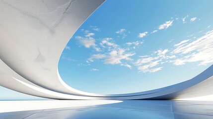 3d render surreal white minimal architecture background with geometric shapes, abstract fantastic design , landmark futuristic panoramic, futuristic scene with copy space, blue sky and cloudy